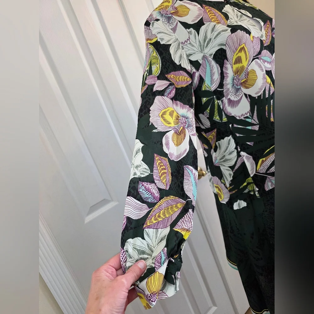 REISS Floral Midi Dress US 12 UK 16 Green Viscose Keyhole Neck Long Sleeve- EUC - Picture 7 of 16